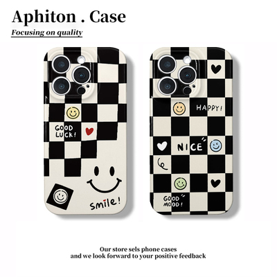 黑白笑脸棋盘格适用iPhone16pro苹果16promax菲林手机壳16/15/14plus全包13/12/11华为vivo小米oppoPC硬壳Xxr