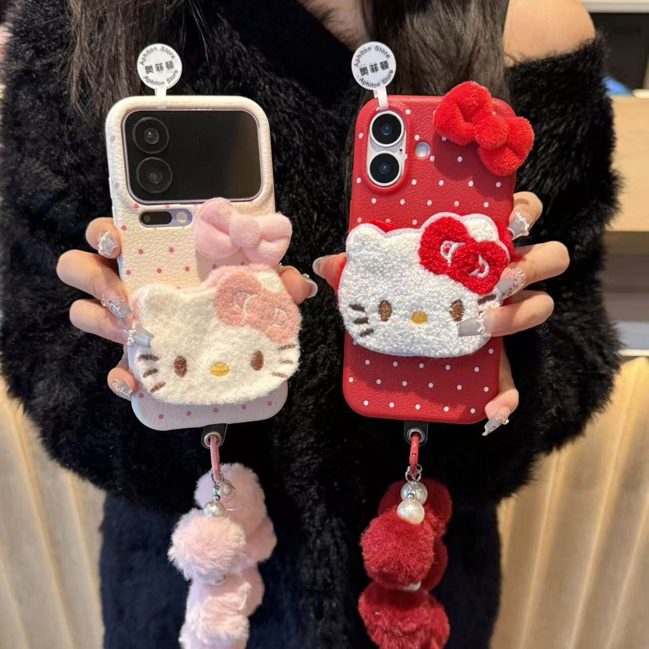 波点毛绒凯蒂猫挂绳适用苹果17/16promax皮革纹手机壳iPhone15/14/13pro磨砂防摔vivo华为p70小米17oppo女款