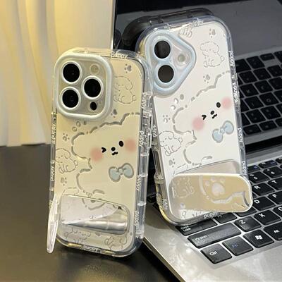 可爱蝴蝶结小狗支架适用苹果17/16promax奶油羽纱手机壳iPhone15/14/13/12/11新款vivo小米15oppo华为p70女款