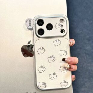 线条猫咪脑袋适用苹果17ProMax荔枝纹大视窗手机壳iPhone16pro新款15plus小众创意4/13pro全包防摔12女款11套