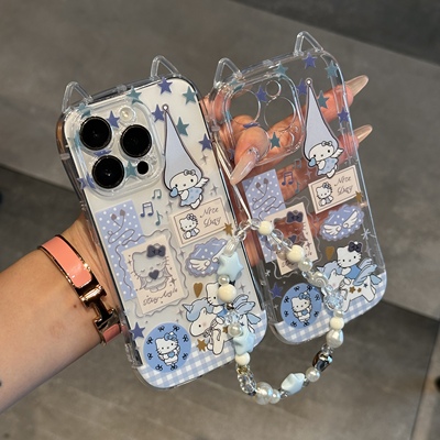 蓝色星星kitty挂链适用苹果17promax猫耳朵手机壳iPhone16pro小众14/13pro全包透明vivo华为P70小米15oppo女