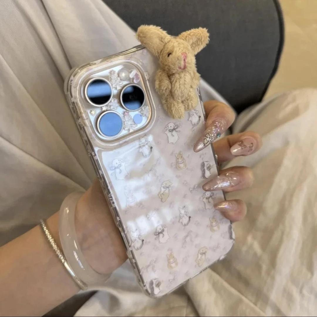 立体棕色兔子公仔适用iPhone16/15promax白色IMD手机壳16/15/14pro苹果13pro新款vivo华为P70oppo小米15全包