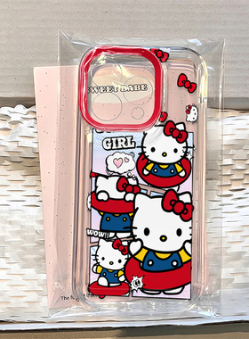 红色泳圈凯蒂适用苹果17promax太空手机壳透明iPhone16/15/14/13/12/11可爱卡通xr华为P70vivo小米15oppo新款