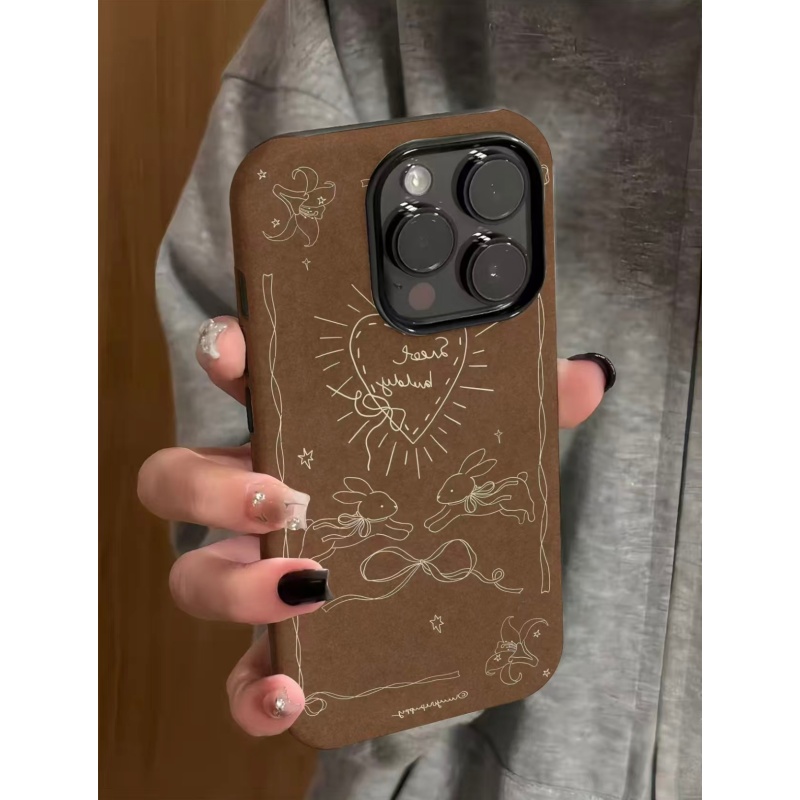 复古棕线条兔适用苹果17/16promax菲林二合一手机壳iPhone15/14/13pro个性创意vivo华为P70小米17oppo防摔壳