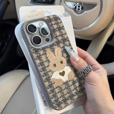 非立体毛衣小兔适用苹果17promax荔枝纹手机壳iPhone16/15pro新款14plus全包13pro磨砂肤感12pro皮质软壳AIR