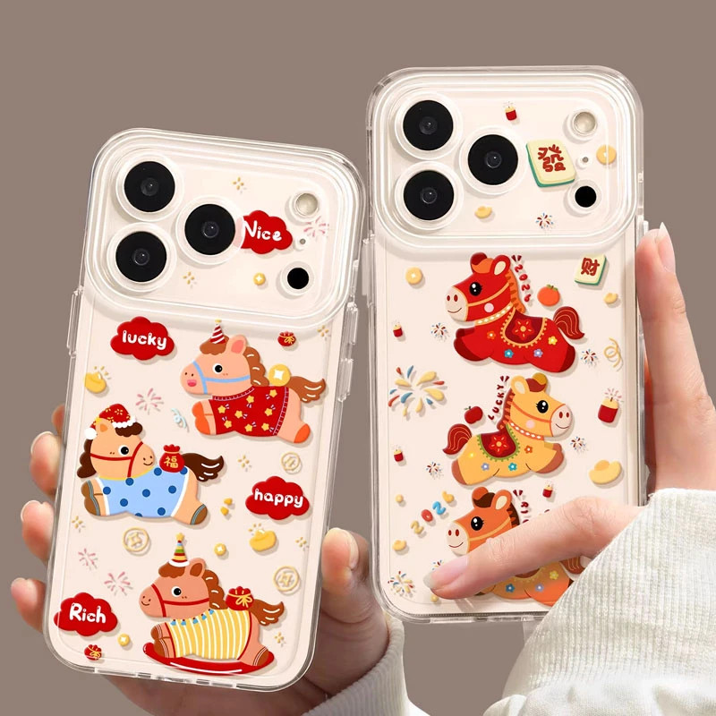发财三只小马适用苹果17/16promax太空手机壳透明iPhone15/14/13pro全包防摔vivo华为P70小米17oppo新年新款