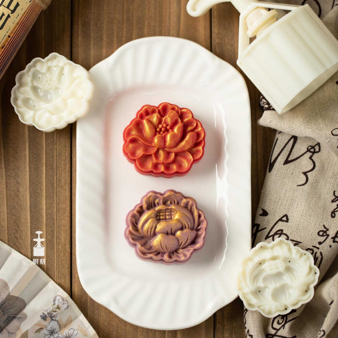 三木原创| 75克山茶牡丹月饼模具 立体花朵手压式凤梨酥绿豆糕模