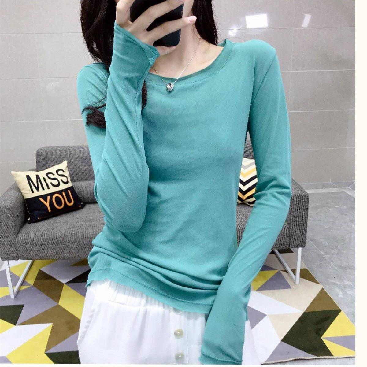 欧洲站春季新款糖果色纯色简约圆领长袖T恤时尚小衫打底衫百搭潮