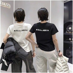 打底衫 欧货新款 T恤小衫 黑白简约字母圆领弹力正肩半袖 上衣潮 小衫