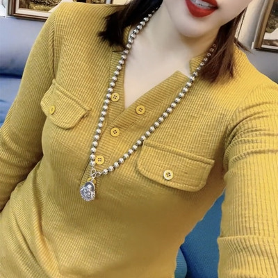 欧货春款长袖V领T恤女打底衫扣板