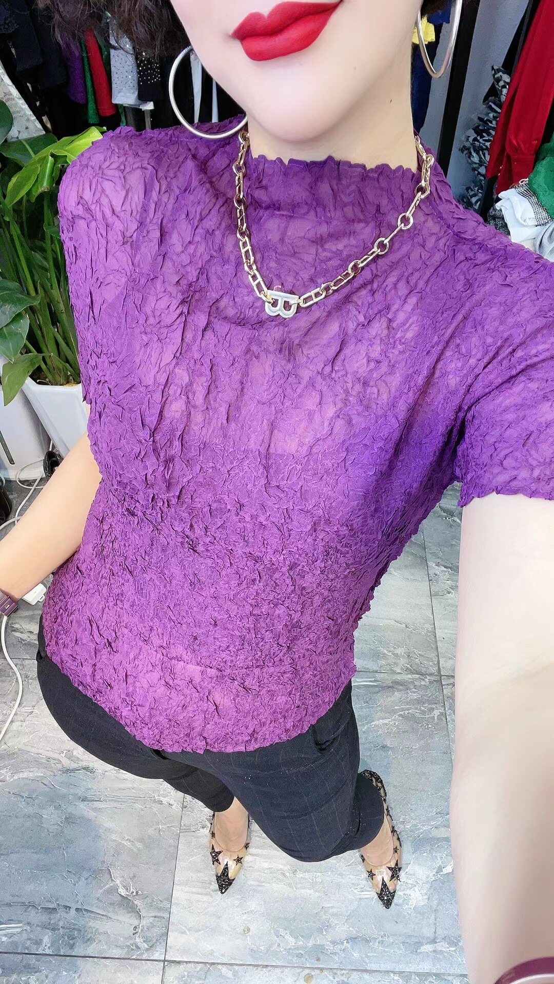 欧洲站洋气新款重工压褶糖果色弹力半高领短袖高端T恤时尚上衣