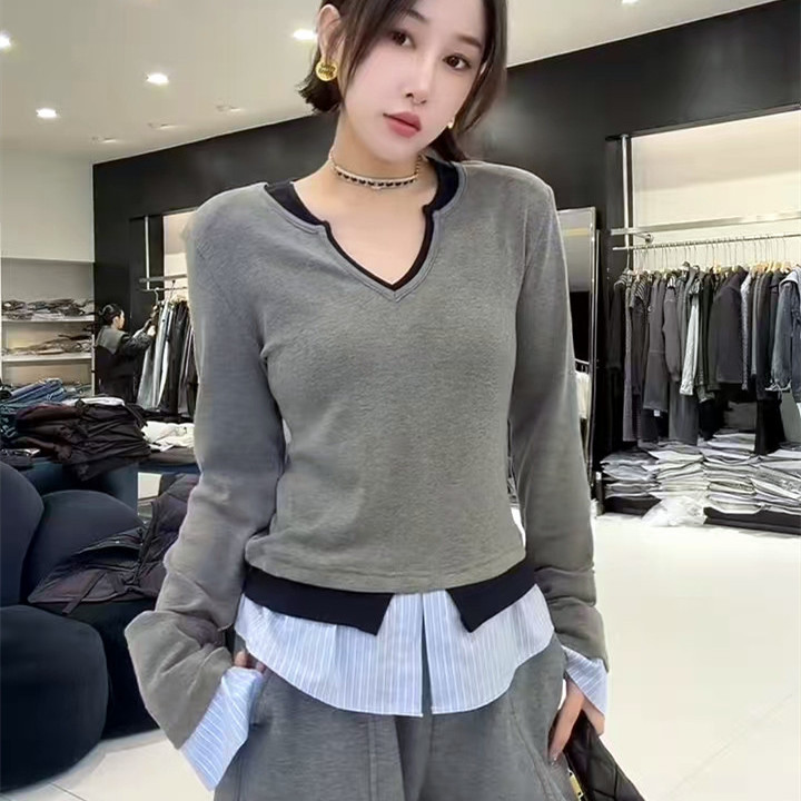 欧货十三行女装假两件V领T恤