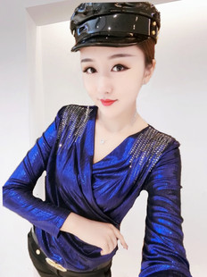 欧洲站新款欧货性感烫金烫钻交叉V领抹胸弹力修身长袖T恤女打底衫