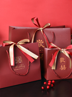 喜庆礼品袋红色手提袋喜糖袋伴手礼包装袋回礼袋通用袋子配送丝带