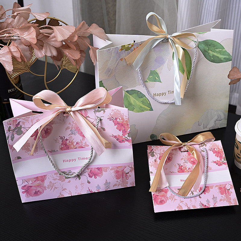 花系教师礼品袋粉色手提袋包装袋加LOGO纸袋跨境现货通用丝带袋子