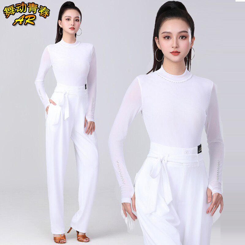 高端网纱舞蹈上衣白色流苏长袖跳交谊舞吉特巴表演服拉丁舞高腰裤