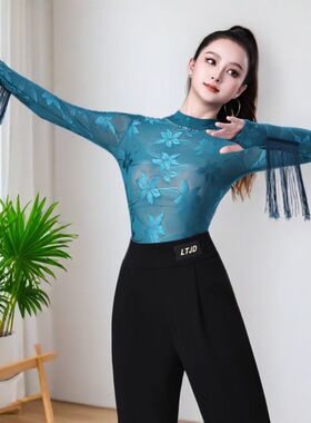 新款拉丁舞服上衣女士网纱长袖连体衣广场吉特巴水兵舞蹈服演出服