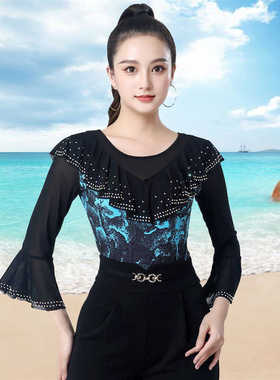 摩登舞拉丁舞演出服吉特巴广场舞上衣水晶麻印花网纱镶钻舞蹈服