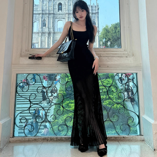 2025新款凡尔赛宫舞会透视鱼尾裙吊带连衣裙黑色拼接小黑裙显瘦