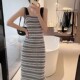 小香风黑白条纹宽肩带高级感吊带裙女2024夏季 气质背心长裙开叉裙