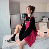 女韩版 宽松百搭学生可爱小个子春夏季 薄款 黑色背带裤 牛仔阔腿短裤