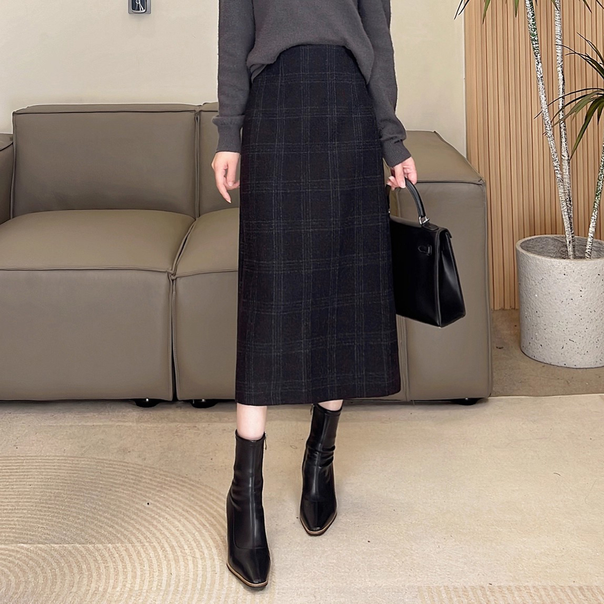 冬天韩版高腰显瘦毛呢复古半身裙