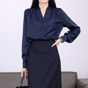 气质法式 缎面长袖 新款 衬衫 设计V领衬衣复古宽松上衣 女2025秋季