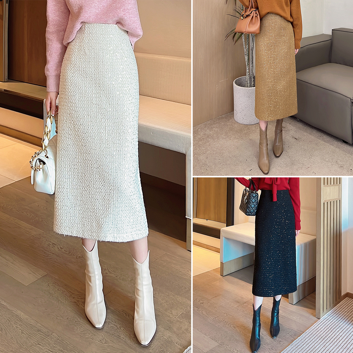 秋冬半身裙小香风中长款