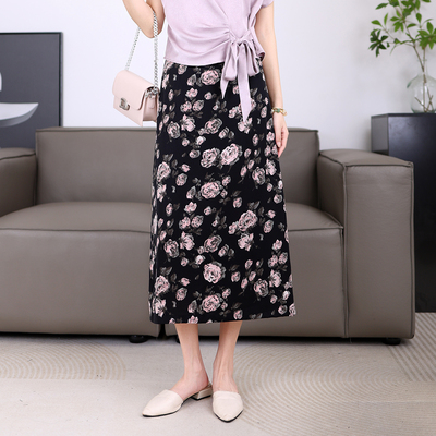 法式碎花半身裙夏天薄款高腰缎面玫瑰印花裙油画风显瘦a字直筒裙