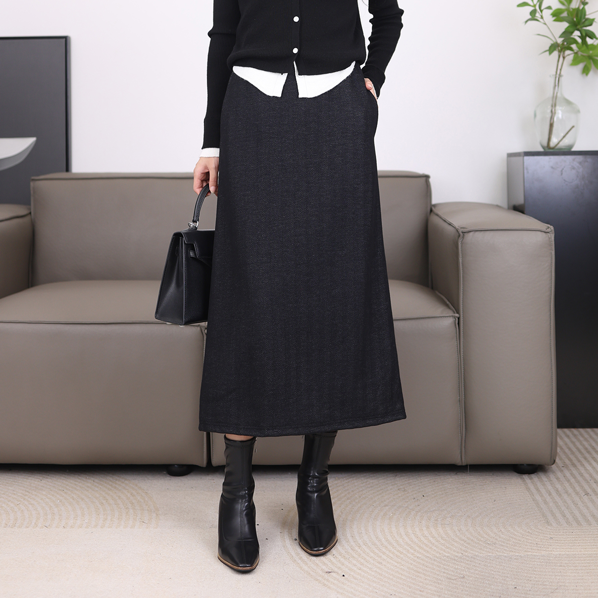 羊毛醋酸半身裙女秋冬2025新款开叉显瘦a字裙气质小香风直筒裙子