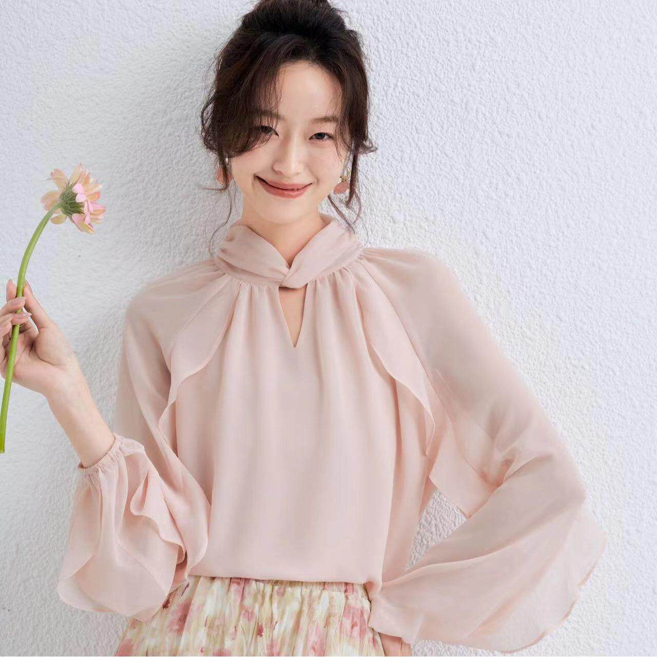 粉色系带衬衫雪纺上衣2026年新款蝴蝶结宽松飘逸气质新款小众长袖 - 沁柚旗舰店出品