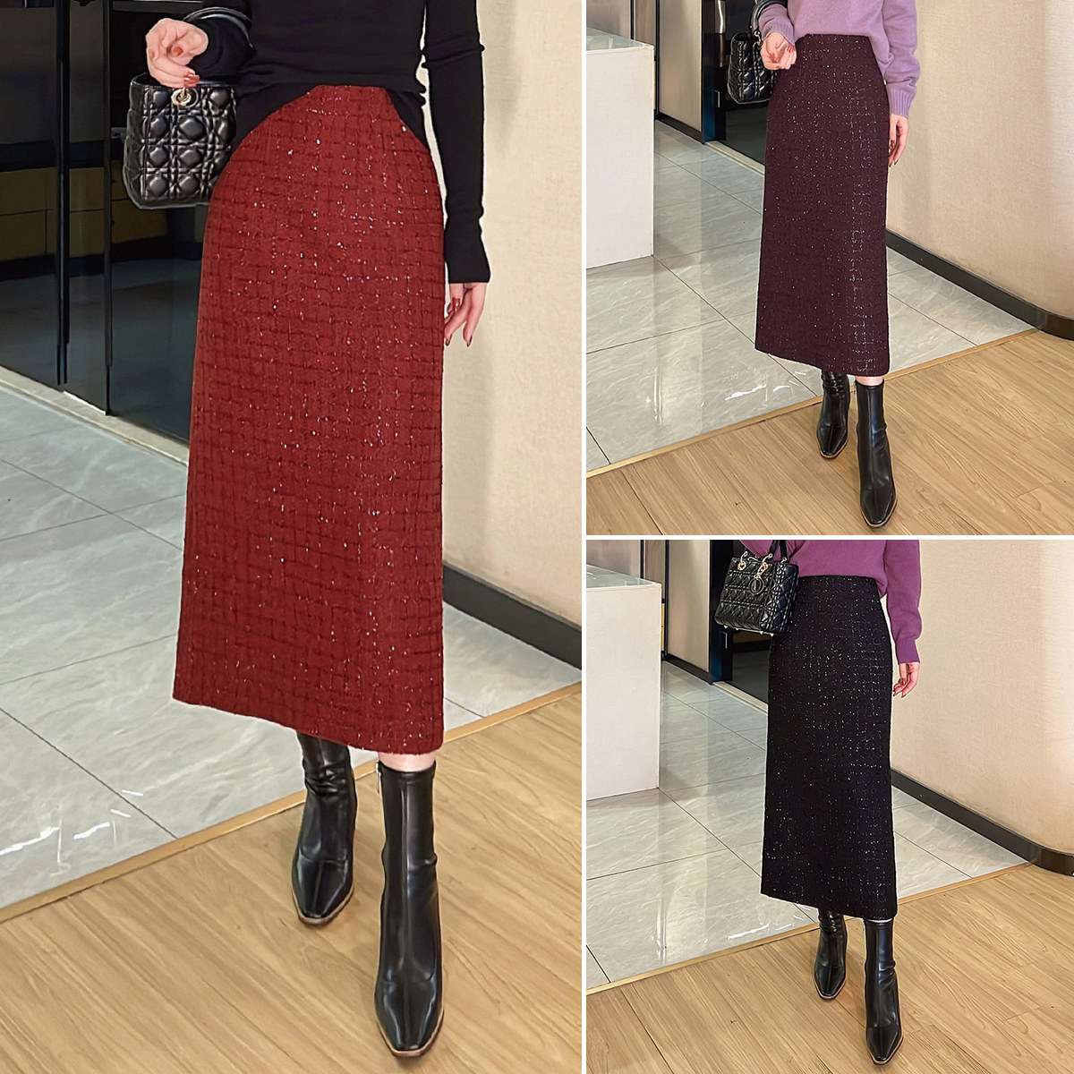 小香风亮丝羊毛直筒半身裙女冬季2025新款高腰显瘦气质a字包臀裙,女装/女士精品,半身裙,淘宝优惠券,粉丝福利购,淘宝优惠卷