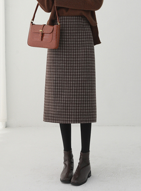 羊毛呢格子半身裙女冬季2025新款a字裙高腰中长款裙子冬天配毛衣