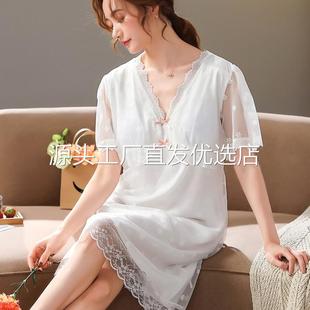 公主风性感丝绸甜美宫廷睡裙家居服 带胸垫睡裙女春秋蕾丝网纱薄款
