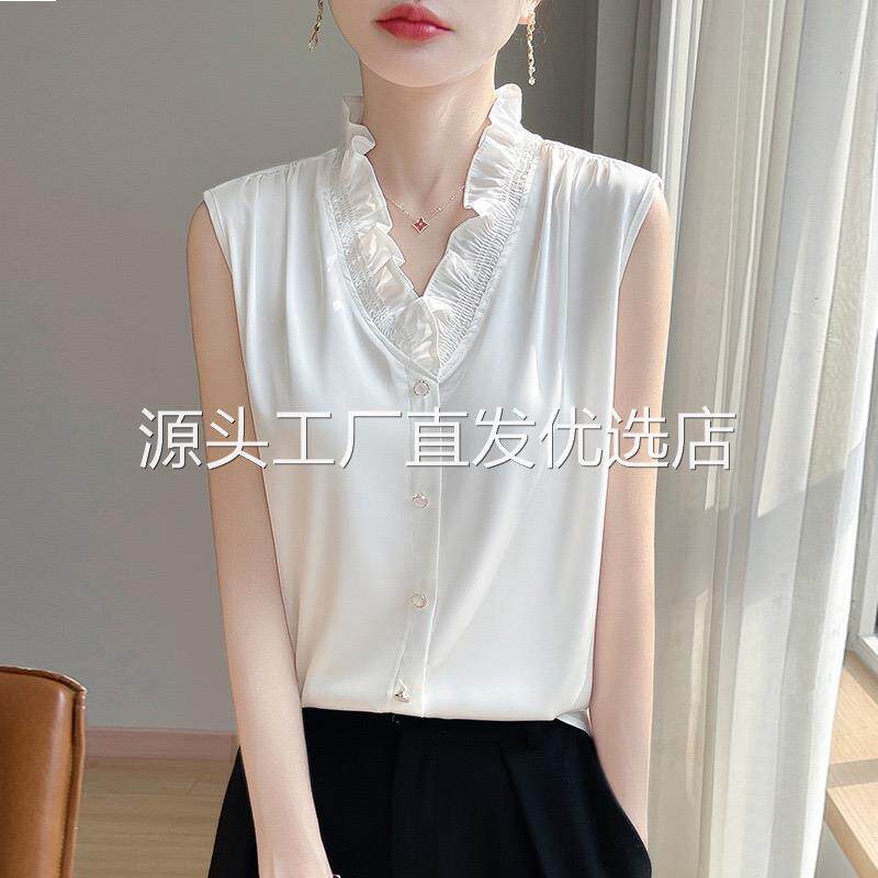 点击率服饰女装V领小衫花苞领韩版时尚无袖背心女士显瘦气质衬衫