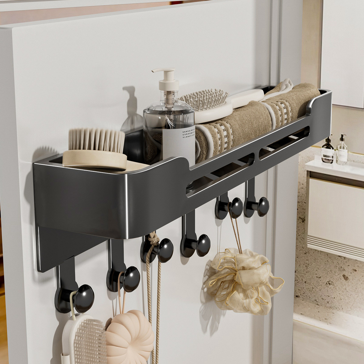 枪灰毛巾架免打孔卫生间浴室置物架壁挂毛巾架洗手间卧室门后收纳