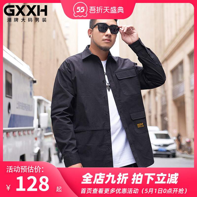 GxxH2020大码男装秋装衬衫男长袖加肥加大潮胖子宽松工装衬衣秋季