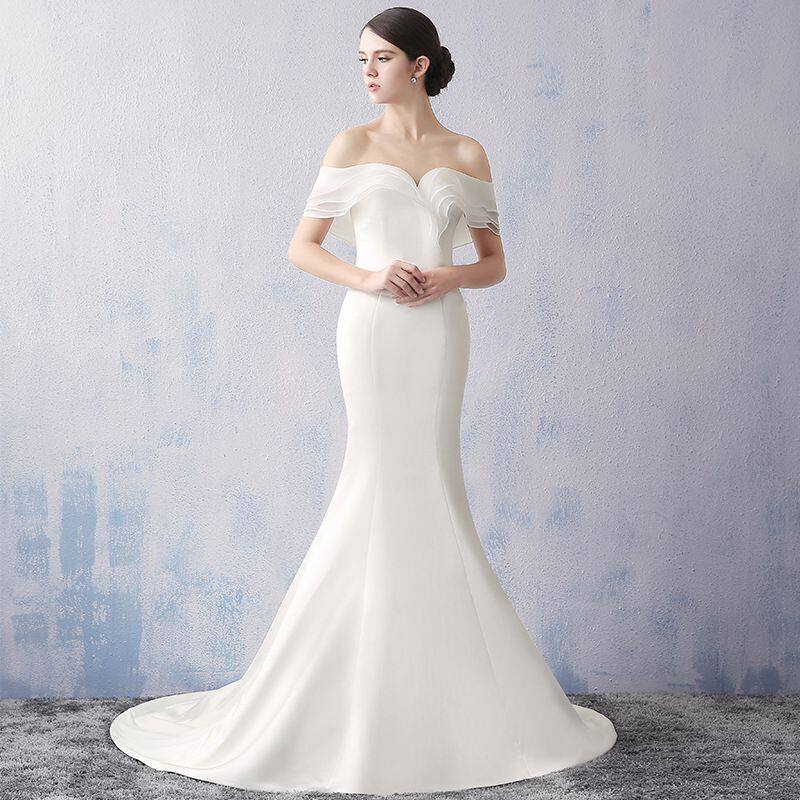 2020 Autumn new pattern fashion Evening dress Off Shoulder Wedding dress fish tail Simplicity Satin Tailing Host full dressin the Women's clothing/Boutique , Wedding/Cheongsam/Formal dress , Wedding  category - from Buy2taobao.com to provide professional Taobao agent buy service