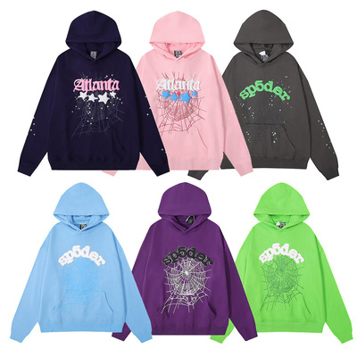 Young Thug同款蜘蛛网sp5der Pink 卫衣连帽衫外套420G加绒加厚