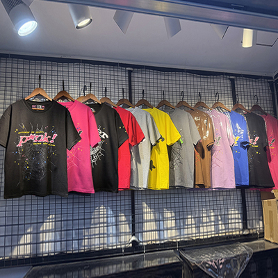 跨境高品质sp5derT恤蜘蛛网字母发泡短袖宽松短T欧美潮流夏季男T