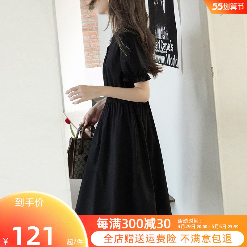 黑色连衣裙女夏季2022新款春泡泡袖气质法式小个子收腰中长款裙子