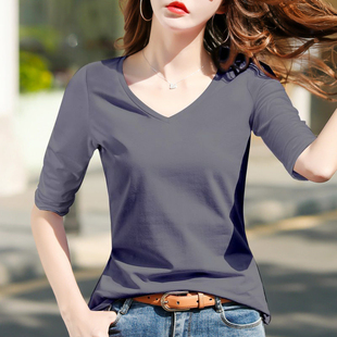 烟灰色中袖t恤女V领修身纯棉2026春秋季新款五分袖打底衫显瘦上衣
