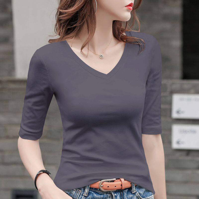 烟灰色中袖t恤女修身V领纯棉2026春秋季新款五分袖打底衫紧身上衣