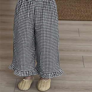 喜范2025春夏新品儿童格子木耳边裤子女童宝宝韩系简约松紧腰
