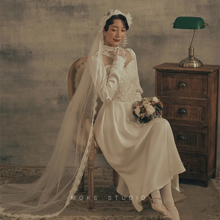 复古民国风蕾丝新娘结婚头纱影楼摄影跟妆造型白色帽纱拍照头饰品