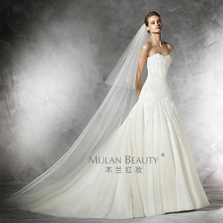 简约百搭双层素纱新款韩式婚纱新娘头纱长拖尾婚礼网格密网纱veil