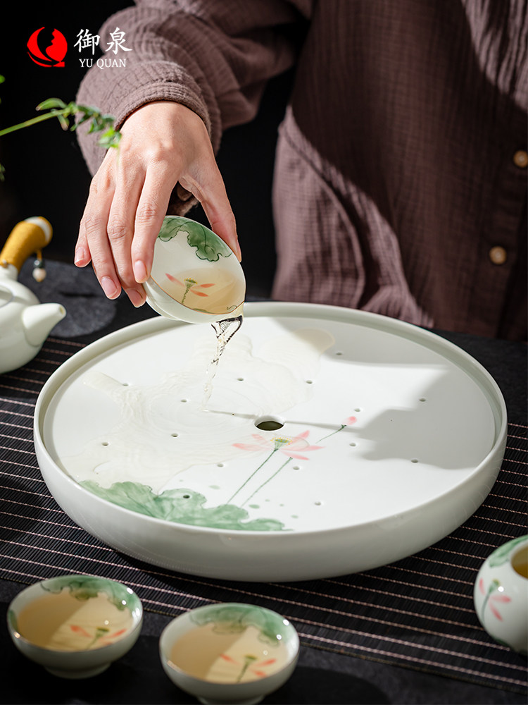 御泉 手绘陶瓷茶盘圆形储水式客厅家用功夫茶具干泡茶台2025新款