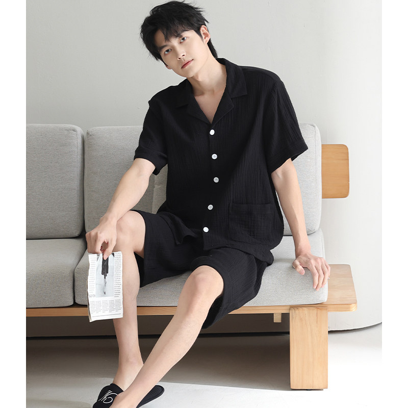 猫人男士睡衣夏季梭织纯棉纱布短袖短裤2026新款薄款高级感家居服