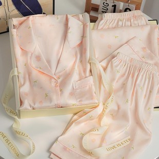 猫人带胸垫真丝睡衣女春秋款长袖冰丝家居服夏季送闺蜜女友礼盒装