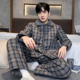 猫人睡衣男士秋冬款纯棉三层加厚夹棉保暖高级感可外穿家居服套装
